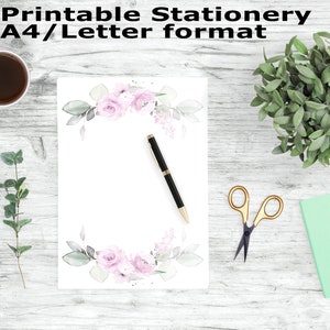 Watercolor Purple Roses Stationery Printable, A4 and Letter Paper, Floral Printable Stationary, Printable Writing Paper, Journal Paper