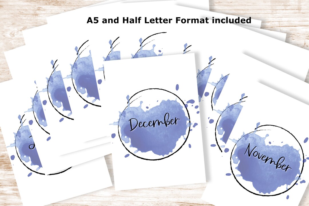 Blue Agenda Monthly Cover Pages A5 and Half Letter Format. Printable 12 ...