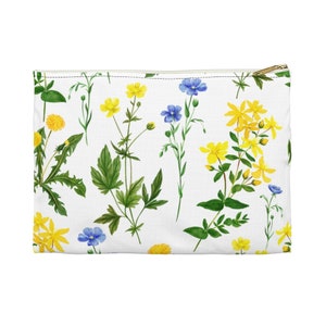 Yellow and Blue Flowers Pencil Pouch. White Accessory Pouch. Floral Pencil Bag. Large Cosmetic Pouch