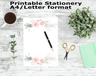 Watercolor Floral Stationery Imprimable, Pink Rose A4 and Letter Paper, Printable Stationary, Printable Writing Paper, Planner Insert