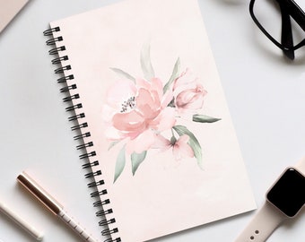 Floral Romantic Notebook. Blank, Dotted or Lined Pink Rose Spiral Journal. Watercolor Flower Notebook