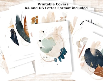 May include: Set of printable covers featuring abstract watercolor designs in shades of blue, brown, and beige with gold accents. The text "Printable Covers" and "A4 and US Letter Format included" is displayed at the top of the image.