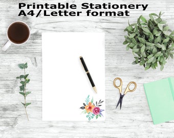 Floral Stationary Printable, Journal Paper, Printable Writing Paper, Watercolor Rose Printable Stationery, A4 and Letter Paper