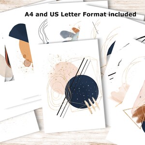 May include: Set of six printable abstract art prints featuring a minimalist design with geometric shapes, circles, and gold accents in shades of blue, pink, and brown. A4 and US Letter format included.