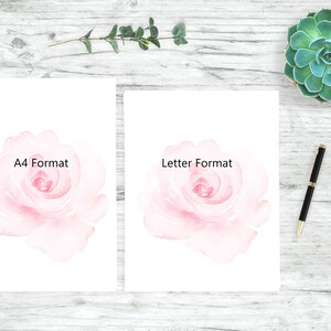 May include: Two printable sheets with a watercolor pink rose on each. The sheet on the left is labeled "A4 Format" and the sheet on the right is labeled "Letter Format".