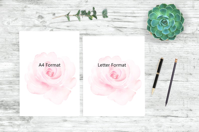 May include: Two printable sheets with a watercolor pink rose on each. The sheet on the left is labeled "A4 Format" and the sheet on the right is labeled "Letter Format".