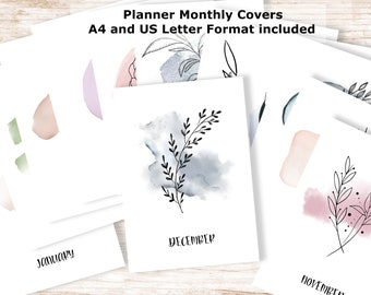 May include: A set of printable planner monthly covers featuring minimalist watercolor designs with black line drawings of branches and leaves. The months January, December, and November are visible.