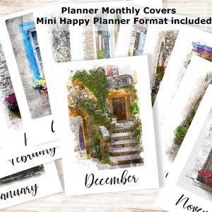 Printable Happy Planner Mini Inserts. 12 Monthly Planner Dividers. Planner Cover Printable. Watercolor Agenda Inserts