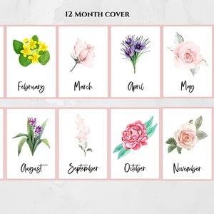 May include: A set of 12 watercolor flower illustrations, each representing a different month of the year. The flowers are depicted in a realistic style with vibrant colors and delicate details. January features purple crocuses, February features yellow primroses, March features pink roses, April features purple irises, May features pink roses, June features pink coneflowers, July features blue gentians, August features purple ginger lilies, September features pink phlox, October features pink peonies, November features white roses, and December features burgundy peonies.