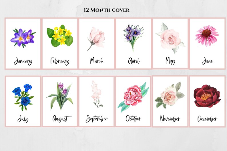 May include: A set of 12 watercolor flower illustrations, each representing a different month of the year. The flowers are depicted in a realistic style with vibrant colors and delicate details. January features purple crocuses, February features yellow primroses, March features pink roses, April features purple irises, May features pink roses, June features pink coneflowers, July features blue gentians, August features purple ginger lilies, September features pink phlox, October features pink peonies, November features white roses, and December features burgundy peonies.