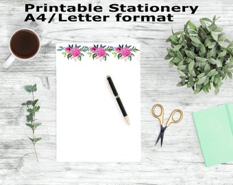 Printable Writing Paper, Watercolor Rose Printable Stationery, A4 and Letter Paper, Floral Stationary Printable, Journal Paper