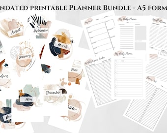 Printable A5 Year Planner, A5 Abstract Printable Undated Planner Bundle, Printable Agenda Pages, Printable Stationary, A5 Planner Insert