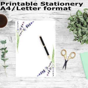 Papelería imprimible de lavanda acuarela, flor A4 y papel de letras, papelería floral imprimible, papel de escritura imprimible