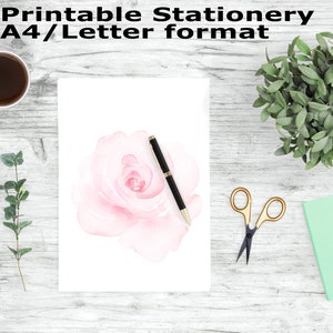 Papelería floral acuarela imprimible, rosa rosa A4 y papel digital de letras, papelería imprimible, papel de escritura imprimible