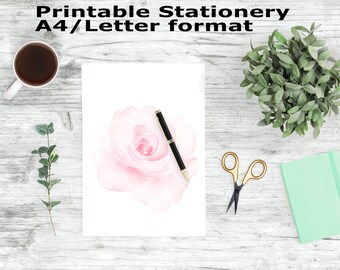 Watercolor Floral Stationery Imprimable, Pink Rose A4 and Letter Digital Paper, Printable Stationary, Printable Writing Paper
