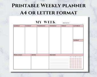 Pink Landscape Weekly Planner A4 and Letter Format, Printable Weekly Undated Planner Desk Pad