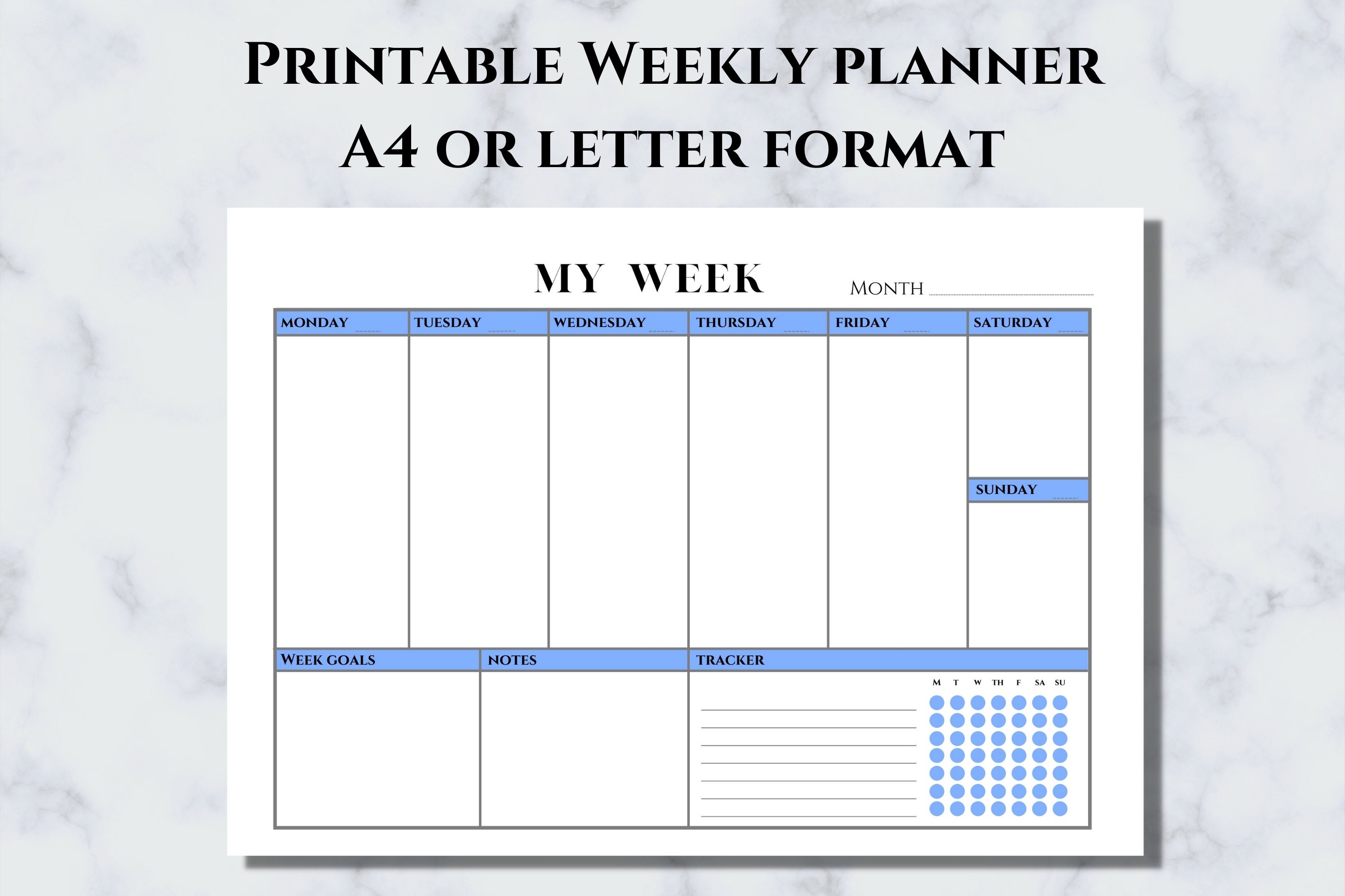 Blue Landscape Weekly Planner A4 and Letter Format, Printable Weekly