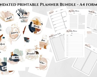 May include: A printable planner bundle in A4 format with a watercolor design. The bundle includes monthly, weekly, and daily planners, as well as a grocery list and expense tracker. The pages are decorated with abstract watercolor designs in shades of brown, blue, and beige.
