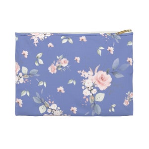 Blue Flower Pencil Pouch. Rose Accessory Pouch. Floral Large Pencil Bag. Cosmetic Pouch