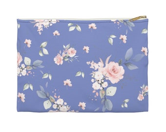 Blue Flower Pencil Pouch. Rose Accessory Pouch. Floral Large Pencil Bag. Cosmetic Pouch