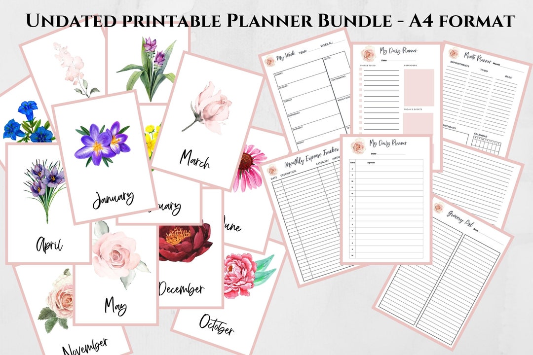 Printable Floral Undated Planner Bundle, Printable A4 Year Planner ...