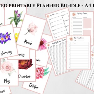 May include: A printable planner bundle in A4 format with floral illustrations for each month of the year. The bundle includes a monthly expense tracker, a daily planner, and a grocery list.