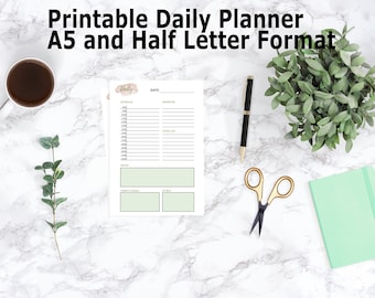 Printable A5 and Half Letter Daily Planner Inserts, Green Daily Planner Printable, Printable Stationary, Daily To-Do List