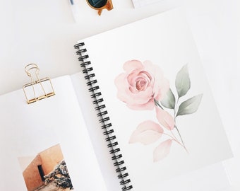Watercolor Flower Spiral Notebook.Pink Rose Spiral Journal. Romantic Notebook. Lined Notebook