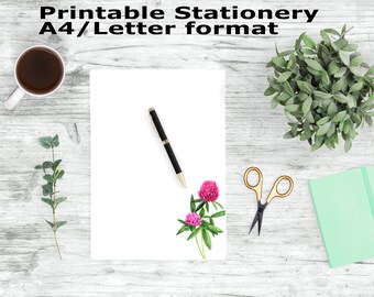 Clover Printable Writing Paper, Watercolor Flower Printable Stationary, A4 and Letter Paper, Stationery Printable, Journal Paper, Note Paper