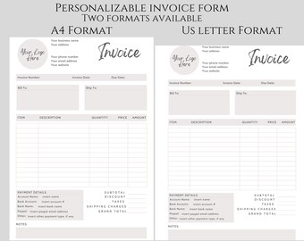 Grijze aangepaste factuurformuliersjabloon voor Canva. Afdrukbaar Crafters-factuurformulier. Etsy Shop-bedrijfsformulieren. Formulieren voor kleine bedrijven