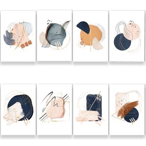 May include: Set of twelve abstract art prints featuring a combination of blue, brown, and pink watercolor shapes with gold accents. The prints are perfect for adding a modern touch to any room.