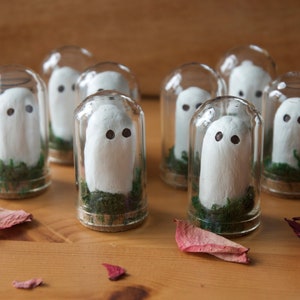 Captured Spooks | Dome Ghosts | Cloche | Handmade Ghost | Clay Ghost | Moss | Spooky Friend | Halloween Decor | Ghostie | Boo