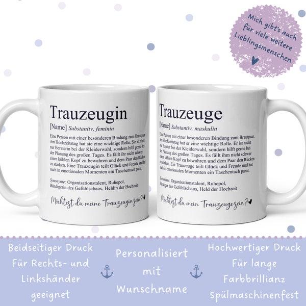 Geschenk für Trauzeuge Trauzeugin | personalisierte Geschenkidee | Keramiktasse mit Namen | Frage an Trauzeugen | Definition Tasse Name