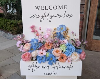 Vinilo decorativo para bodas, caja de flores personalizada, vinilo de bienvenida