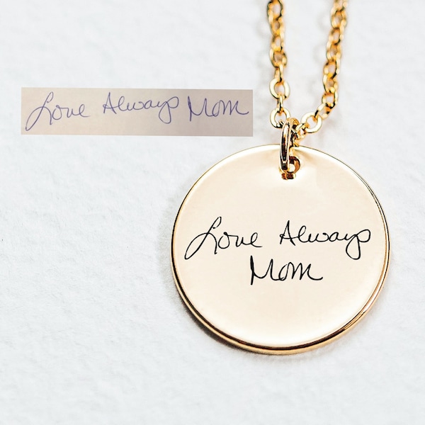 Personalized Handwriting Jewelry, Gold Disc Necklace for Mom for Her, Keepsake Necklace, Engraved Signature Jewelry, Handwriting Gifts