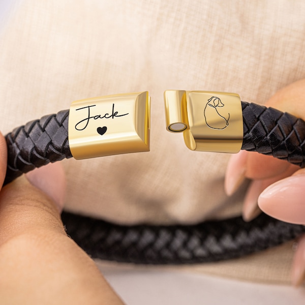 Personalized Leather Bracelet Dog Breed Design Custom accessory anniversary gift for man jewelry 18K Gold Plated BR003 005
