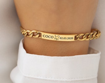 Personalised Gold Dog Breed Bracelet - Custom Pet Bracelet Pet Lover Gift, dog memorial gift, Engraved Bar bracelet