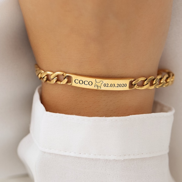 Personalised Gold Dog Breed Bracelet - Custom Pet Bracelet Pet Lover Gift, dog memorial gift, Engraved Bar bracelet