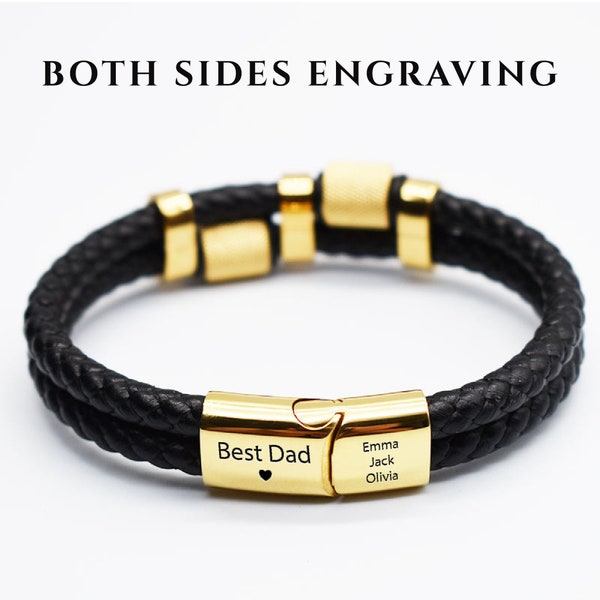 Personalised Leather Bracelet for Dad, Engraved 18K Gold Plated Bracelet for Men, Father's Day Gift, Custom Dad Birthday Gift