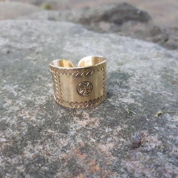 Hand stamped Teutonic cross ring Adjustable brass ring for men Malta cross