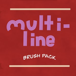 May include: A red background with a white double line at the top and bottom. The text "multi-line" is in purple with a multi-line font style. The text "BRUSH PACK" is in white below the text "multi-line".