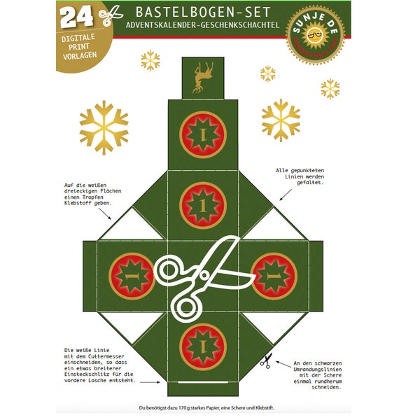 Adventskalender 24 x Bastelbogen für kleine Geschenkschachtel, Würfelbox, DIY