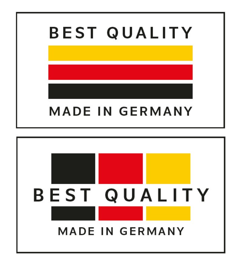 K&ouml;nnte beinhalten: Ein wei&szlig;es Etikett mit schwarzem Text, der "BEST QUALITY" und "MADE IN GERMANY" lautet. Das Etikett zeigt einen horizontalen dreifarbigen Streifen in Schwarz, Rot und Gelb.