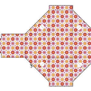 May include: A printable template for a box with a floral pattern. The box is made up of six panels that are joined together to form a cube. The floral pattern is in shades of pink, orange, and white.