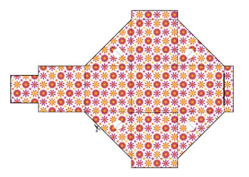 May include: A printable template for a box with a floral pattern. The box is made up of six panels that are joined together to form a cube. The floral pattern is in shades of pink, orange, and white.