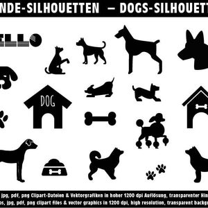 Puede incluir: Siluetas de perros en blanco y negro en varias poses y estilos, incluyendo una caseta para perros, huellas de patas y un hueso. La palabra "BELLO" se muestra en negrita. El texto "HUNDE-SILHOUETTEN - DOGS-SILHOUETTES" está en la parte superior.