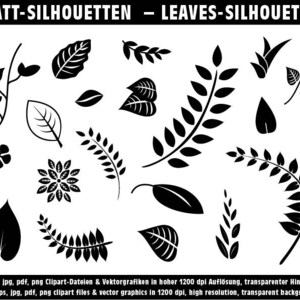 May include: A collection of black leaf silhouettes in various shapes and sizes, including detailed veins and simple outlines. The image includes text at the top that reads "BLATT-SILHOUETTEN - LEAVES-SILHOUETTES". The bottom of the image contains text about the image's file type and resolution.