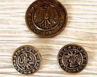 Antique Vintage Es Devs Spes Nostra Buttons, Shank, Brass Finish, Teutonic Eagle, God is Our Hope, Mixed Set 27mm and 18mm, Set of Set of 4