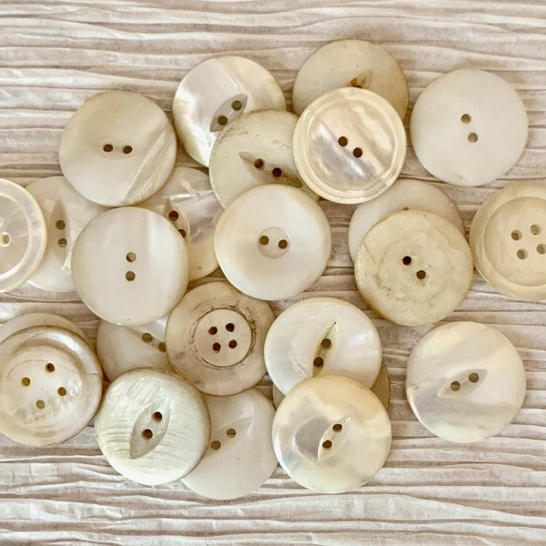 Vintage White Pearl Buttons, Mother of Pearl Two and Four-Hole Buttons, Mixed Variety, 2.5 cm, 24 total buttons