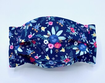 Bright Floral Face Mask, Blue Floral, Cheerful Spring Mask for Adults, with Nose wire and Adjustable ear loops, 100% Cotton, Washable